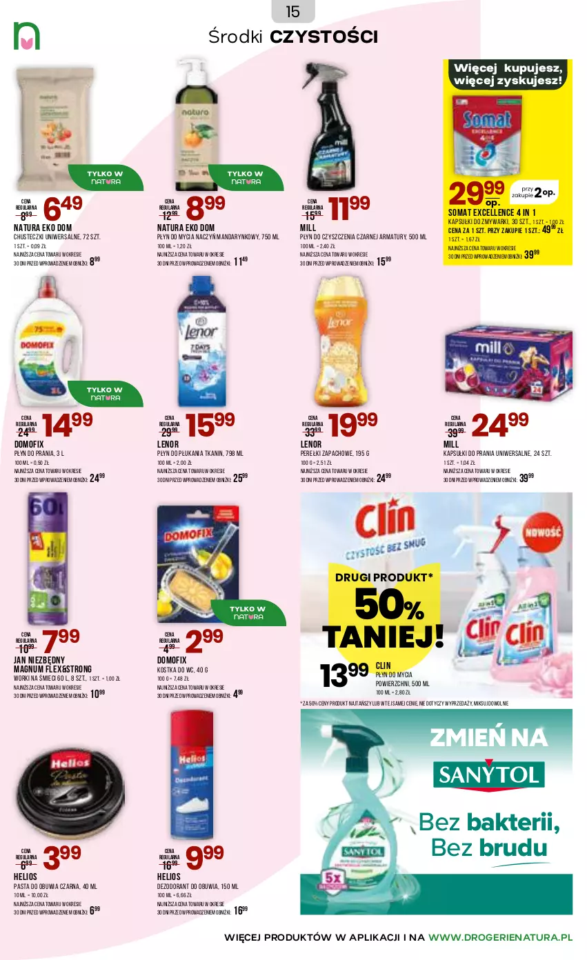 Gazetka promocyjna Drogerie Natura - Gazetka Drogerie Natura - ważna 18.03 do 30.03.2026 - strona 15 - produkty: Chusteczki, Clin, Dezodorant, Do mycia naczyń, Helio, Jan Niezbędny, Kapsułki do prania, Kostka do wc, Lenor, Perełki zapachowe, Płyn do mycia, Płyn do mycia naczyń, Płyn do płukania, Płyn do prania, Somat, Worki na śmiec, Worki na śmieci, Zmywarki