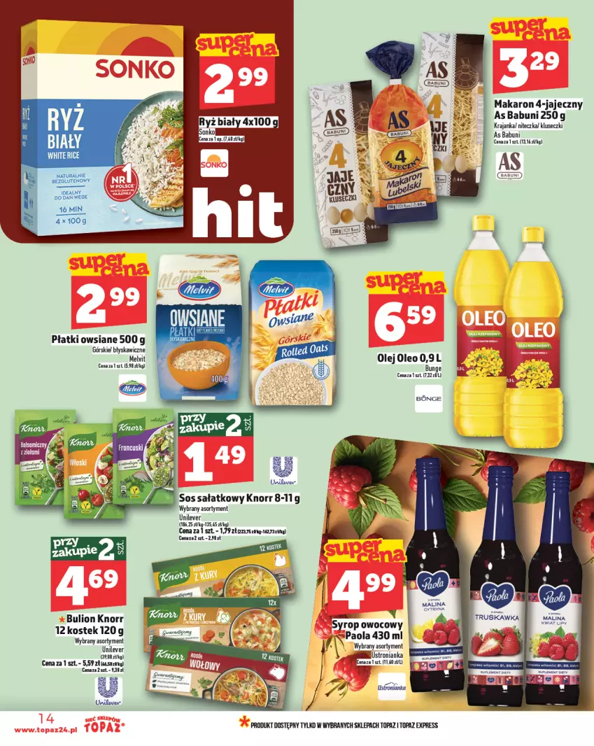 Gazetka promocyjna Topaz - Gazetka - ważna 20.02 do 26.02.2025 - strona 14 - produkty: Babuni, Knorr, Makaron, Melvit, Olej, Oleo, Paola, Płatki owsiane, Sałat, Sos, Syrop, Top