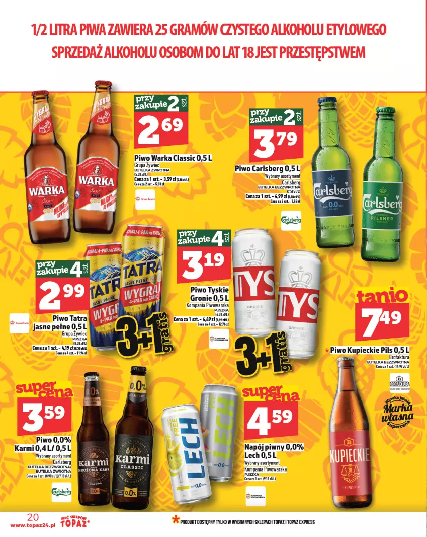 Gazetka promocyjna Topaz - Gazetka - ważna 20.02 do 26.02.2025 - strona 20 - produkty: Carlsberg, Karmi, Kawa, Kupiec, Piec, Piwo, Tatra, Top, Tyskie, Warka