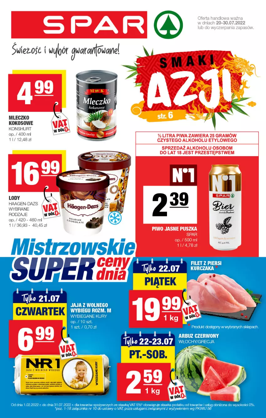 Gazetka promocyjna Spar - Spar - ważna 17.07 do 27.07.2022 - strona 1 - produkty: Arbuz, Filet z piersi kurczaka, Jaja, Jaja z wolnego wybiegu, Kokos, Kurczak, Lody, Mleczko, Sok