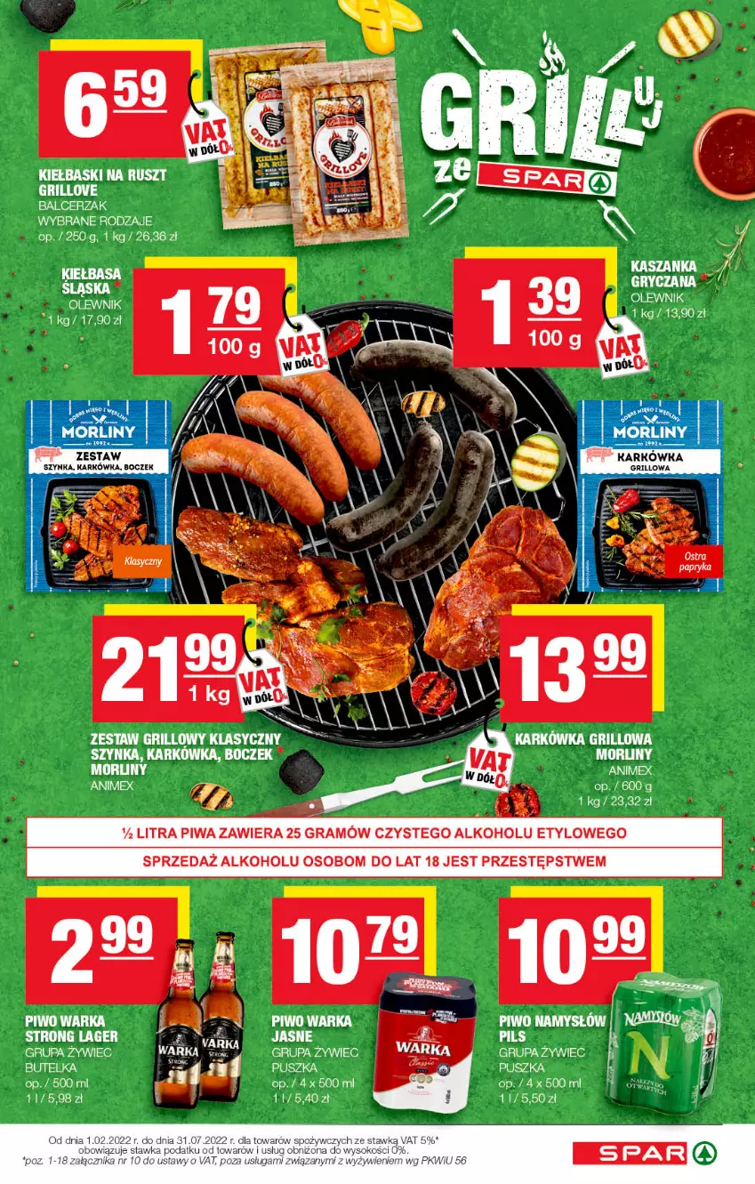 Gazetka promocyjna Spar - Spar - ważna 17.07 do 27.07.2022 - strona 5 - produkty: Boczek, Gra, Grill, Gry, Kasza, Kaszanka, Morliny, Namysłów, Olewnik, Piwa, Piwo, Szynka, Warka