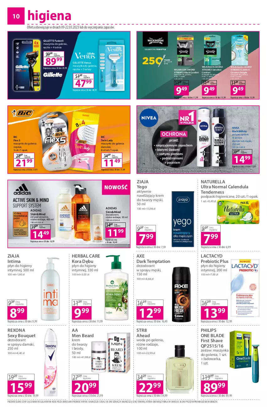 Gazetka promocyjna Hebe - Gazetka - ważna 09.03 do 22.03.2023 - strona 10 - produkty: Adidas, Antyperspirant, BIC, Dezodorant, Fusion, Gillette, Gillette Venus, Krem do twarzy, Lack, Lactacyd, Maszynka, Maszynka do golenia, Naturell, Naturella, Nivea, Philips, Płyn do higieny intymnej, Podpaski, Rexona, Str8, Szynka, Venus, Warka, Wilkinson Sword, Woda, Woda po goleniu, Ziaja