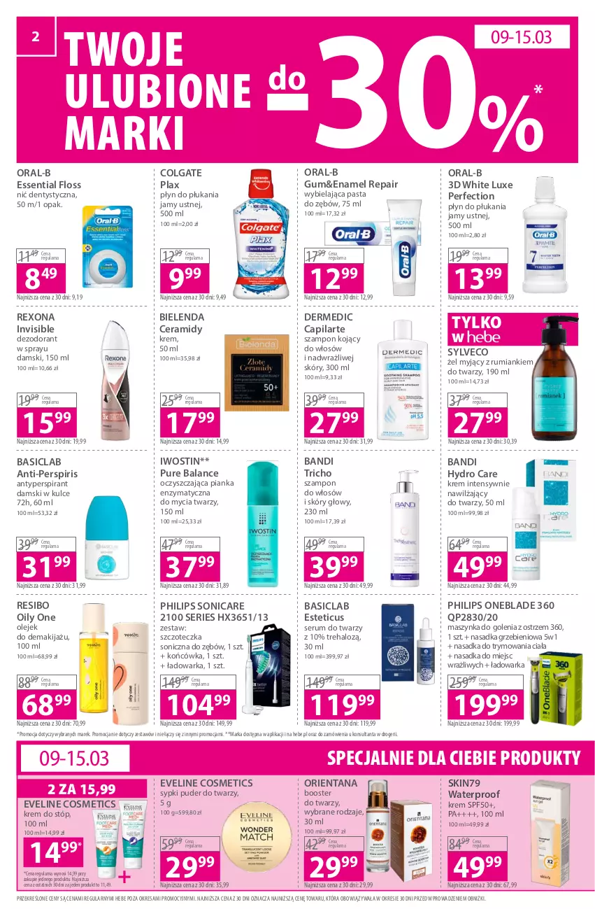 Gazetka promocyjna Hebe - Gazetka - ważna 09.03 do 22.03.2023 - strona 2 - produkty: Antyperspirant, Bandi, Basiclab, Bielenda, Booster, Capilarte, Colgate, Dermedic, Dezodorant, Eveline, Halo, Iwostin, Krem do stóp, LG, Makijaż, Maszynka, Maszynka do golenia, Nić dentystyczna, Olej, Olejek do demakijażu, Pasta do zębów, Philips, Philips OneBlade, Płyn do płukania, Płyn do płukania jamy ustnej, Puder, Puder do twarzy, Pur, Rexona, Rum, Ser, Serum, Serum do twarzy, Skin79, Szampon, Szczoteczka, Szczoteczka soniczna, Szynka, Warka