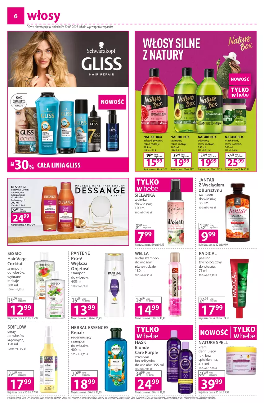 Gazetka promocyjna Hebe - Gazetka - ważna 09.03 do 22.03.2023 - strona 6 - produkty: Bursztyn, Fa, Hask, Maska, Nature Box, Odżywka, Pantene, Peeling, Pur, SESSIO, Suchy szampon, Szampon, Wella