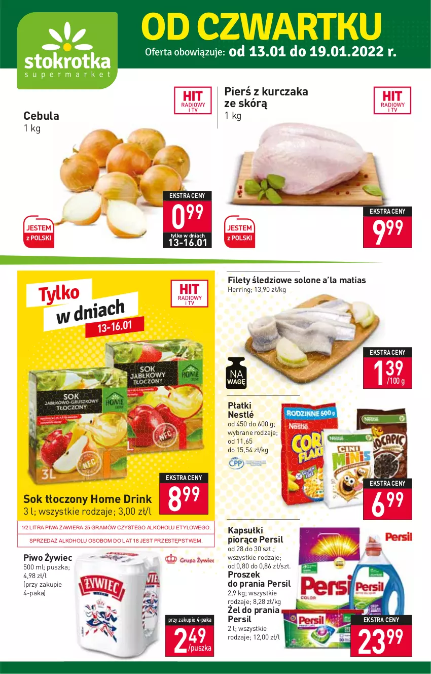 Gazetka promocyjna Stokrotka - Supermarket - ważna 13.01 do 19.01.2022 - strona 1 - produkty: Cebula, Gra, Kurczak, Nestlé, Persil, Piwa, Piwo, Proszek do prania, Sok