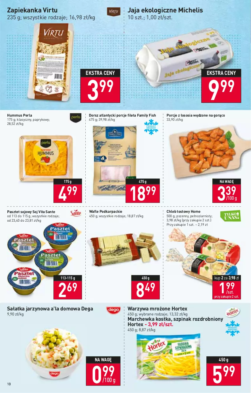 Gazetka promocyjna Stokrotka - Supermarket - ważna 13.01 do 19.01.2022 - strona 10 - produkty: Chleb, Chleb tostowy, Dega, Dorsz, Fa, Gra, Hortex, Hummus, Jaja, Karp, Marchewka, Mus, Pasztet, Piwa, Por, Sałat, Sałatka, Sante, Sos, Szpinak, Virtu, Wafle, Warzywa, Zapiekanka