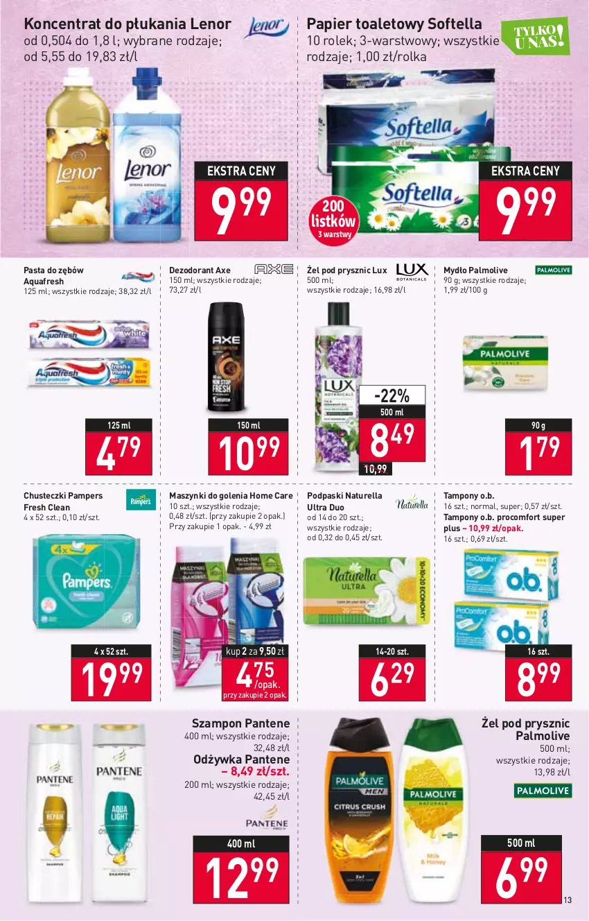 Gazetka promocyjna Stokrotka - Supermarket - ważna 13.01 do 19.01.2022 - strona 13 - produkty: Aquafresh, Chusteczki, Dezodorant, Lenor, Mydło, Naturell, Naturella, O.B., Odżywka, Palmolive, Pampers, Pantene, Papier, Papier toaletowy, Pasta do zębów, Podpaski, Szampon, Tampony