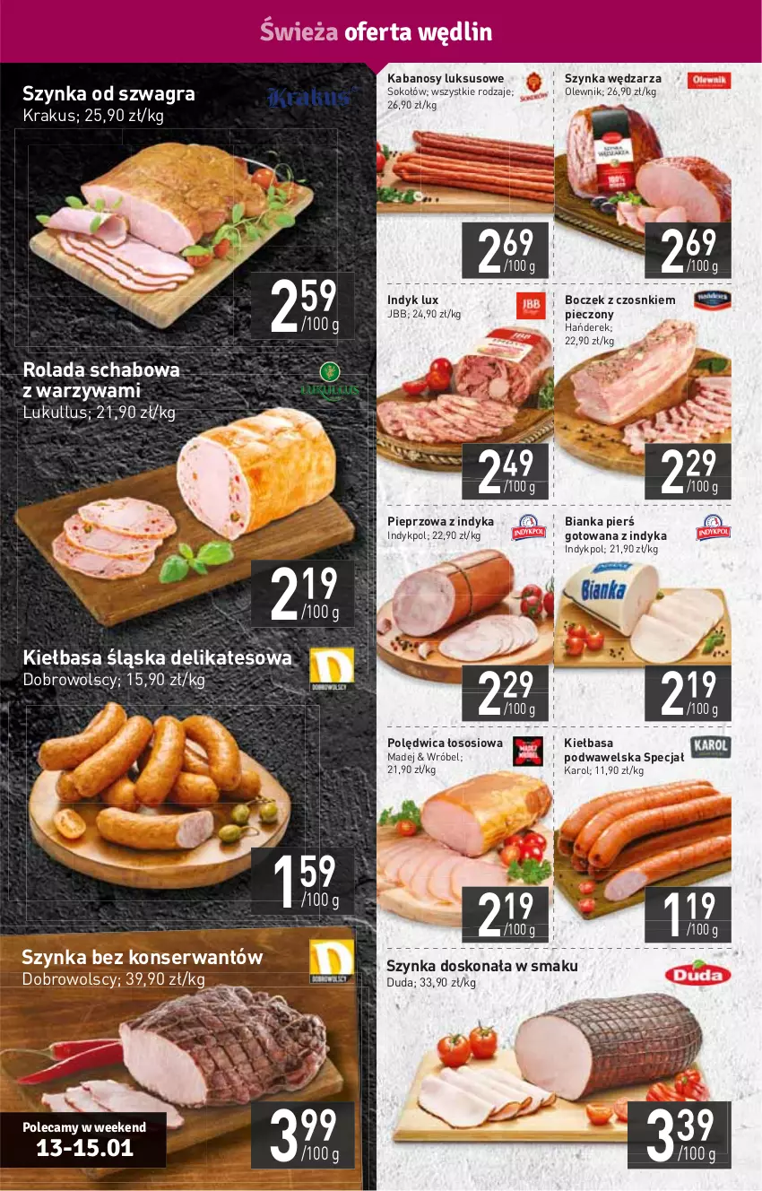 Gazetka promocyjna Stokrotka - Supermarket - ważna 13.01 do 19.01.2022 - strona 4 - produkty: Bianka, Boczek, Duda, Gra, HP, Indyk lux, Kabanos, Kiełbasa, Kiełbasa podwawelska, Kiełbasa śląska, Krakus, Olewnik, Piec, Pieprz, Polędwica, Rolada, Ser, Sok, Sokołów, Sos, Szynka, Warzywa, Wawel