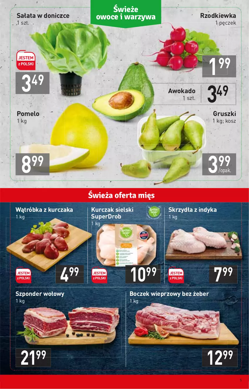 Gazetka promocyjna Stokrotka - Supermarket - ważna 13.01 do 19.01.2022 - strona 5 - produkty: Boczek, Boczek wieprzowy, Gruszki, Kosz, Kurczak, Pomelo, Rzodkiewka, Sałat, Szponder wołowy