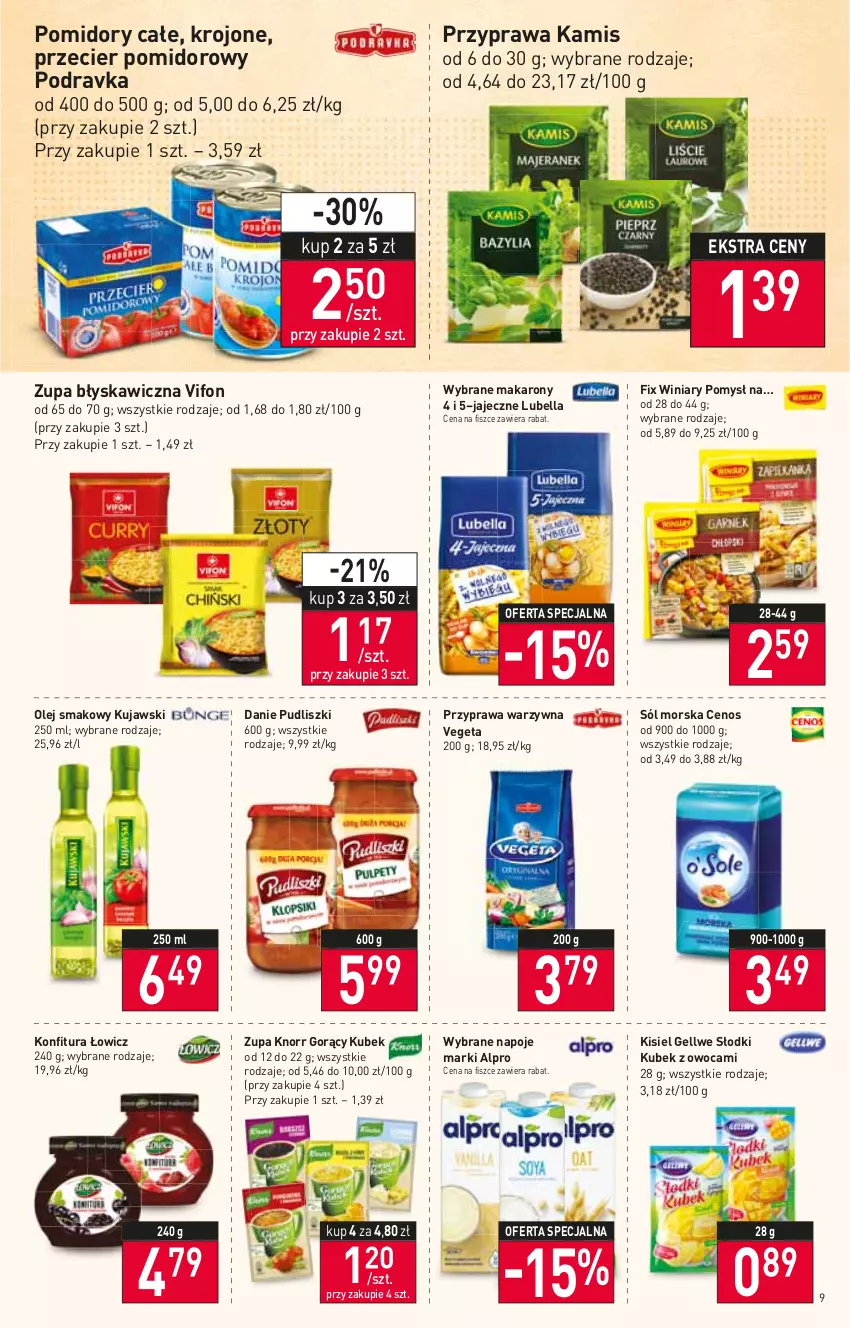 Gazetka promocyjna Stokrotka - Supermarket - ważna 13.01 do 19.01.2022 - strona 9 - produkty: Alpro, Bell, Bella, Cenos, Kamis, Kisiel, Knorr, Konfitura, Kubek, Kujawski, Lubella, Makaron, Napoje, Olej, Olej smakowy, Podravka, Pomidory, Pudliszki, Sól, Vegeta, Winiary, Zupa