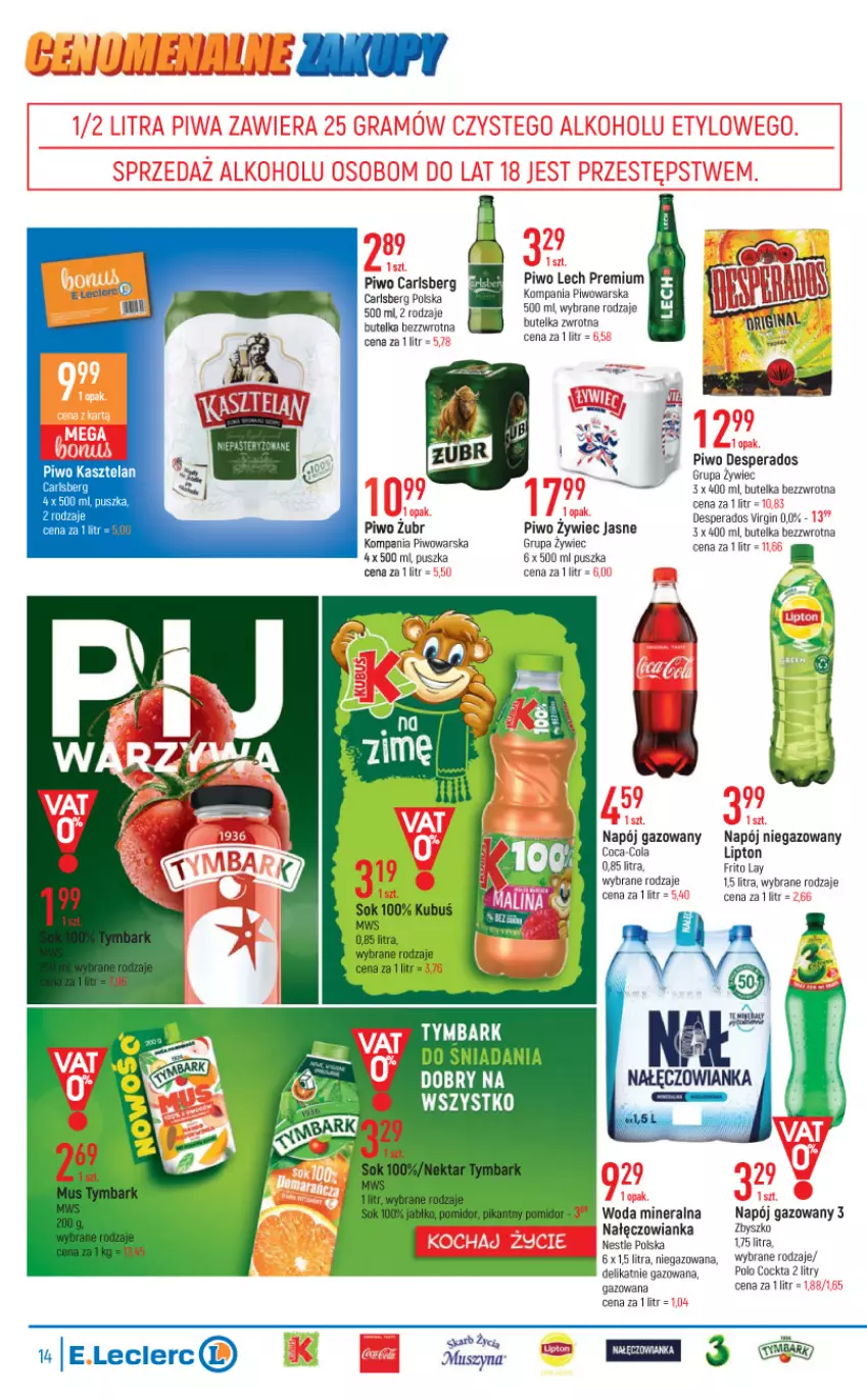 Gazetka promocyjna E Leclerc - ważna 01.02 do 12.02.2022 - strona 14 - produkty: Carlsberg, Coca-Cola, Desperados, Gin, Kasztelan, Lech Premium, Lipton, Nałęczowianka, Napój, Napój gazowany, Napój niegazowany, Piwo, Szyna, Woda, Woda mineralna