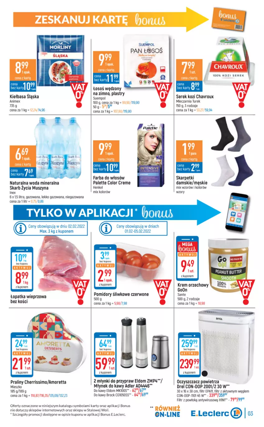 Gazetka promocyjna E Leclerc - ważna 01.02 do 12.02.2022 - strona 3 - produkty: Color Creme, Fa, Farba do włosów, Karp, Kiełbasa, Kiełbasa śląska, Krem orzechowy, Młynek, Młynek do kawy, Mus, Oczyszczacz powietrza, Palette, Pomidory, Praliny, Sante, Ser, Serek, Skarpetki, Suempol, Szyna, Woda, Woda mineralna