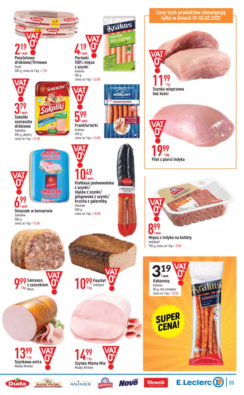 Gazetka promocyjna E Leclerc - ważna 01.02 do 12.02.2022 - strona 9 - produkty: Fa, Filet z piersi indyka, Frankfurterki, Gala, Kabanos, Kotlet, Madej Wróbel, Mięso, Mięso z indyka, Olewnik, Parówki, Pasztet, Salceson, Ser, Sok, Sokołów, Somat, Szynka, Szynka wieprzowa, Wawel