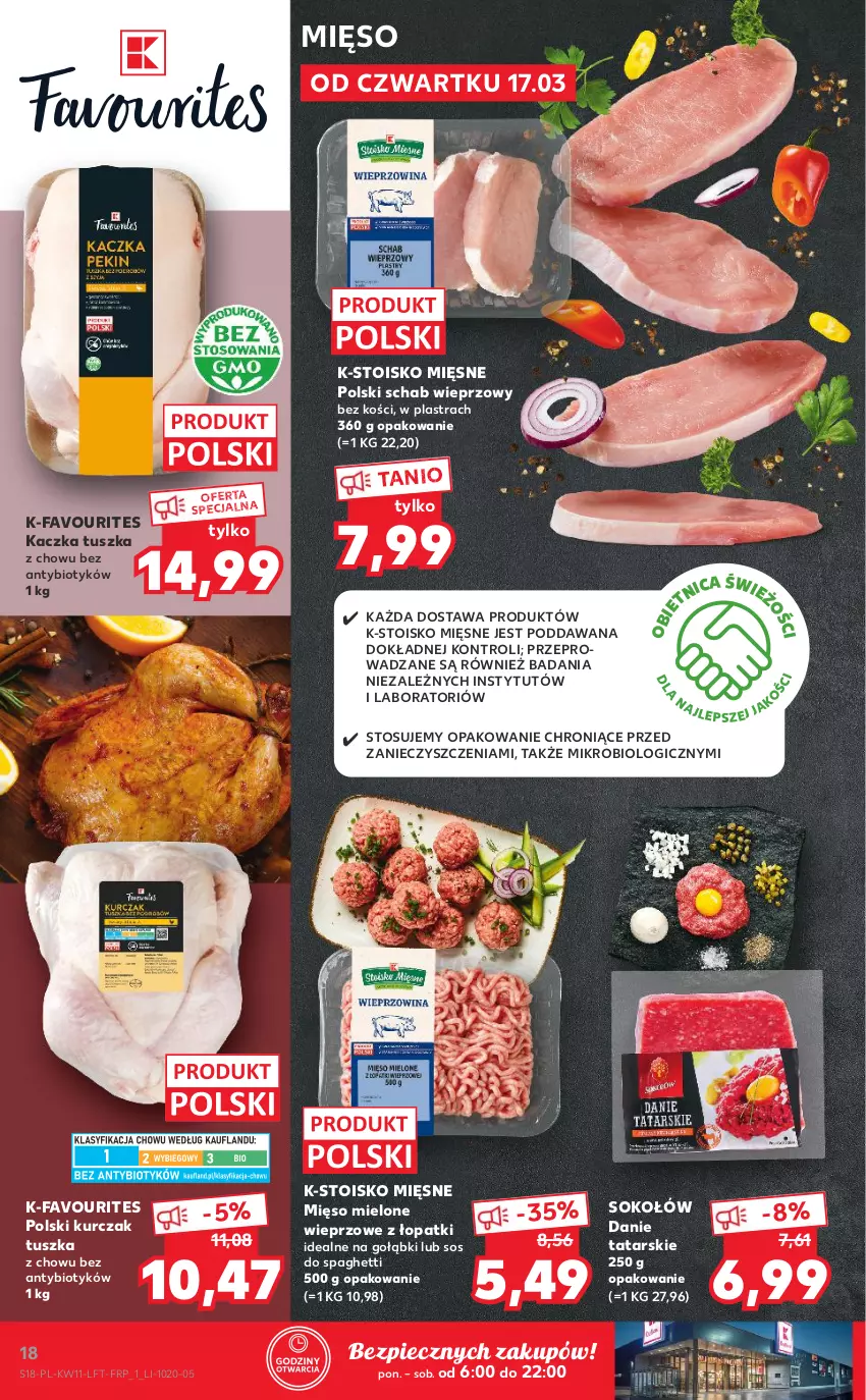 Gazetka promocyjna Kaufland - OFERTA TYGODNIA - ważna 17.03 do 23.03.2022 - strona 18 - produkty: Fa, Kaczka, Kurczak, Mięso, Mięso mielone, Piec, Schab wieprzowy, Sok, Sokołów, Sos, Spaghetti, Tusz