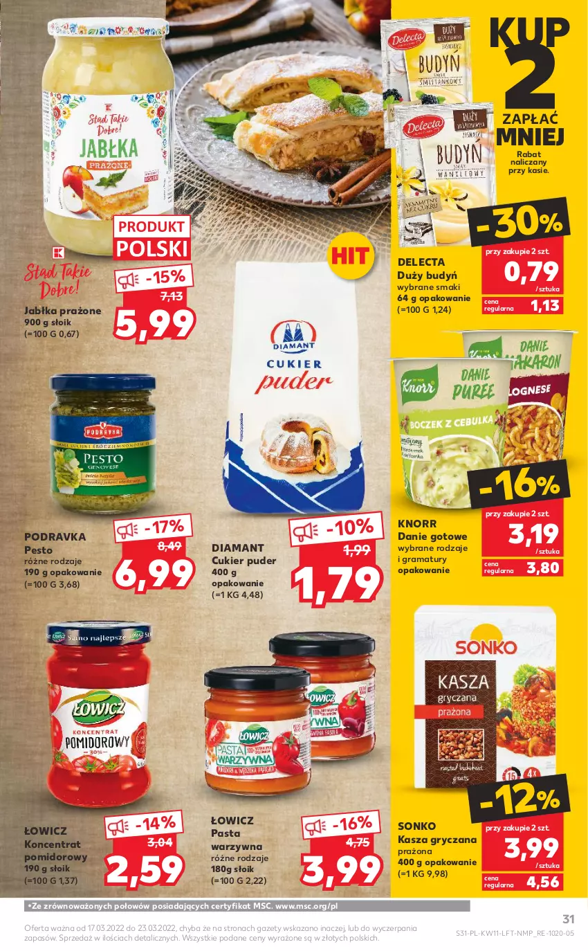 Gazetka promocyjna Kaufland - OFERTA TYGODNIA - ważna 17.03 do 23.03.2022 - strona 31 - produkty: Budyń, Cukier, Cukier puder, Danie gotowe, Delecta, Diamant, Gra, Gry, Jabłka, Jabłka prażone, Kasza, Kasza gryczana, Knorr, Koncentrat pomidorowy, Pasta warzywna, Pesto, Podravka, Puder, Rama, Sonko