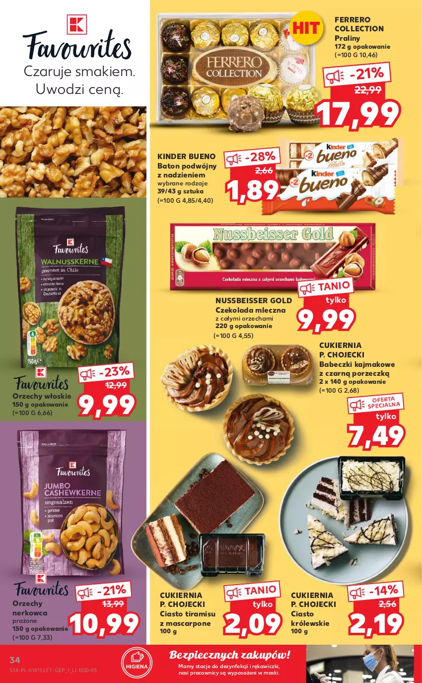 Gazetka promocyjna Kaufland - OFERTA TYGODNIA - ważna 17.03 do 23.03.2022 - strona 34 - produkty: Babeczki, Baton, Cukier, Czekolada, Czekolada mleczna, Ferrero, Kinder, Kinder Bueno, Królewski, Mascarpone, Orzechy włoskie, Piec, Por, Praliny, Ser