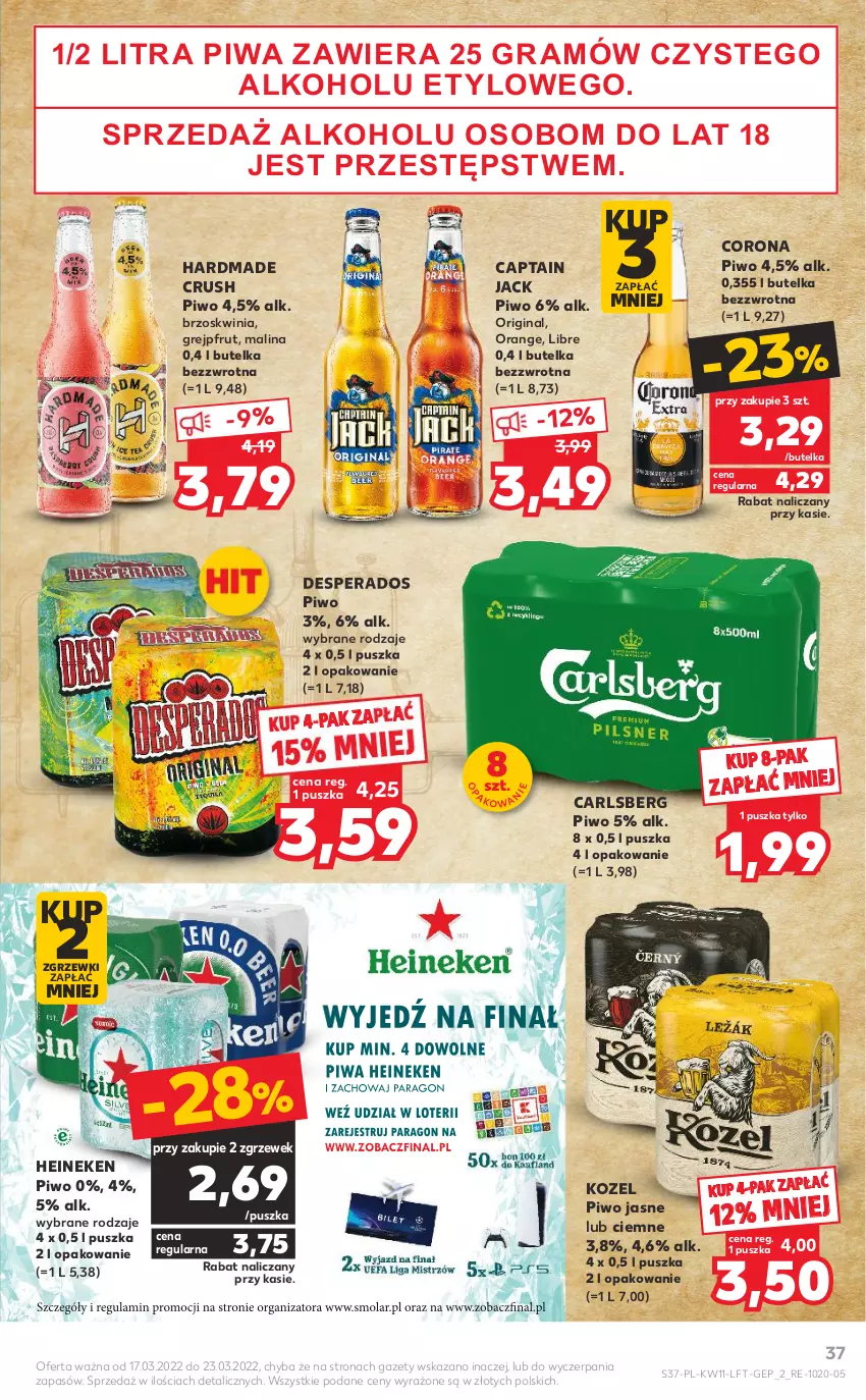 Gazetka promocyjna Kaufland - OFERTA TYGODNIA - ważna 17.03 do 23.03.2022 - strona 37 - produkty: Captain Jack, Carlsberg, Desperados, Gin, Gra, Grejpfrut, Heineken, Kozel, Piwa, Piwo, Piwo jasne