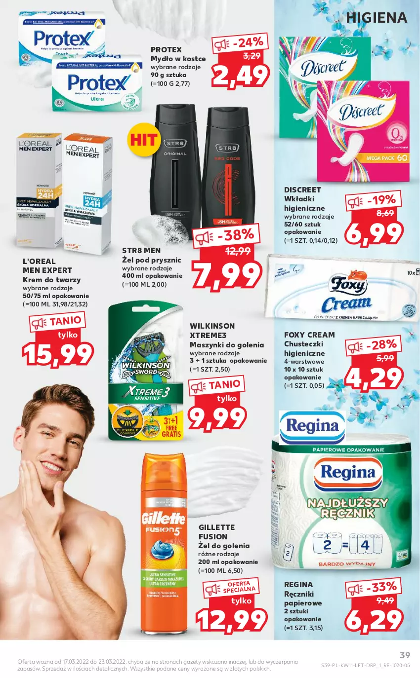 Gazetka promocyjna Kaufland - OFERTA TYGODNIA - ważna 17.03 do 23.03.2022 - strona 39 - produkty: Chusteczki, Discreet, Foxy, Fusion, Gillette, Gin, Krem do twarzy, Mydło, Papier, Ręcznik, Ręczniki papierowe, Str8, Wkładki