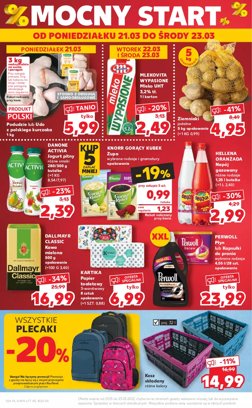 Gazetka promocyjna Kaufland - OFERTA TYGODNIA - ważna 17.03 do 23.03.2022 - strona 54 - produkty: Activia, Dallmayr, Danone, Gra, Hellena, Jogurt, Jogurt pitny, Kapsułki do prania, Kawa, Kawa mielona, Knorr, Kosz, Kubek, Kurczak, Mleko, Mlekovita, Napój, Napój gazowany, Oranżada, Papier, Papier toaletowy, Perwoll, Plecak, Rama, Waga, Ziemniaki, Zupa