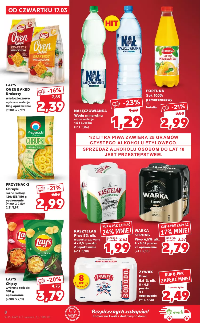 Gazetka promocyjna Kaufland - OFERTA TYGODNIA - ważna 17.03 do 23.03.2022 - strona 8 - produkty: Chipsy, Chrupki, Fortuna, Kasztelan, Krakersy, Nałęczowianka, Piec, Piwa, Piwo, Przysnacki, Sok, Warka, Woda, Woda mineralna