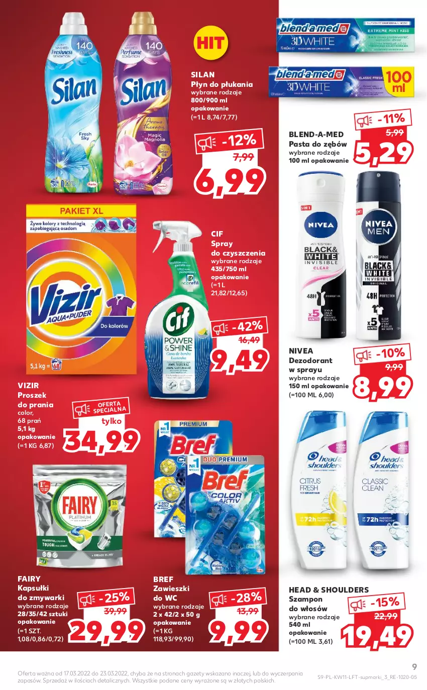 Gazetka promocyjna Kaufland - OFERTA TYGODNIA - ważna 17.03 do 23.03.2022 - strona 9 - produkty: Blend-a-Med, Bref, Cif, Dezodorant, Fa, Fairy, Nivea, Pasta do zębów, Płyn do płukania, Proszek do prania, Silan, Spray do czyszczenia, Szampon, Vizir, Zawieszki, Zmywarki