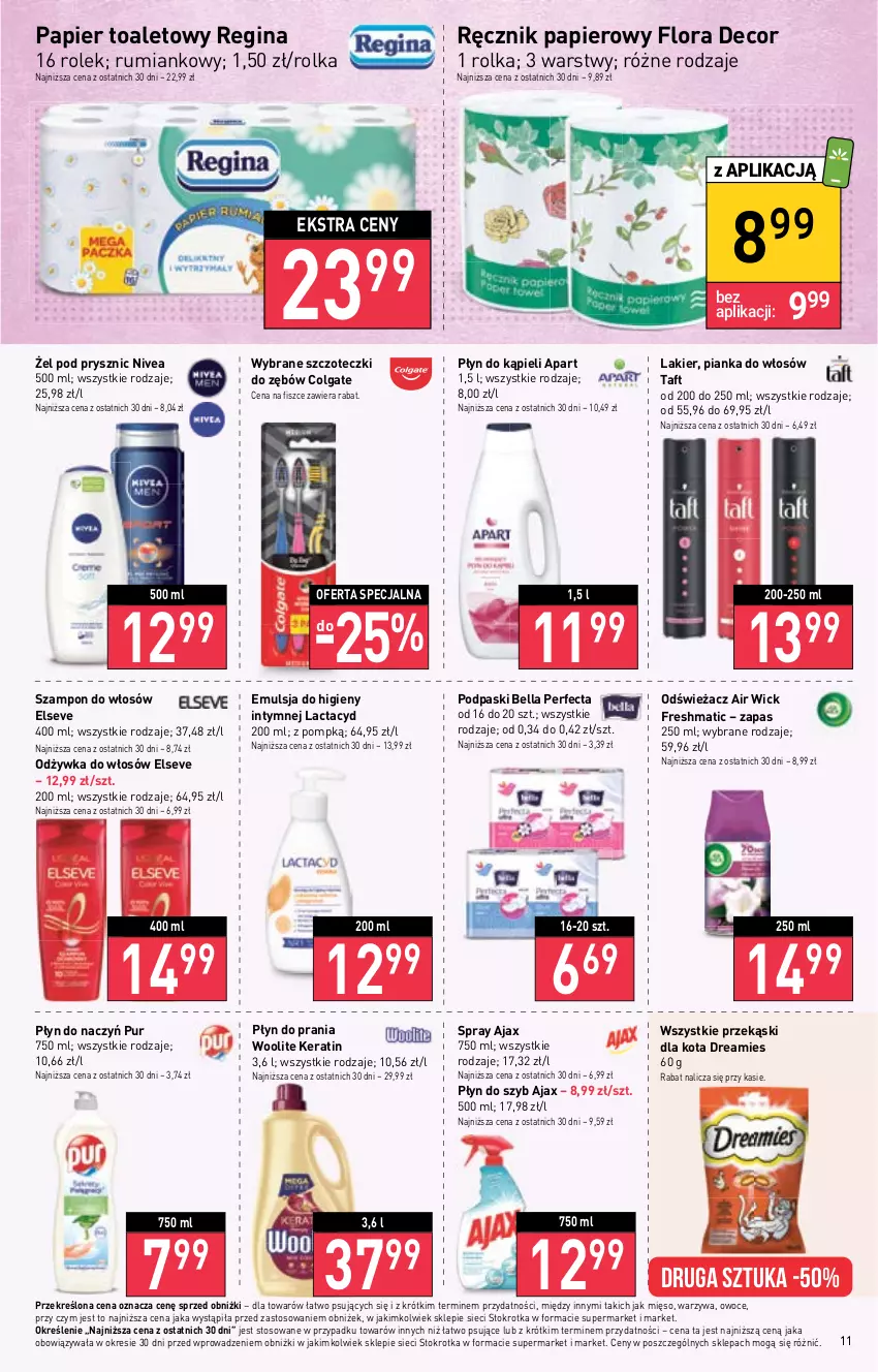 Gazetka promocyjna Stokrotka - Market - ważna 25.05 do 31.05.2023 - strona 13 - produkty: Air Wick, Ajax, Bell, Bella, Colgate, Elseve, Emulsja, Flora, Gin, Lactacyd, Lakier, LG, Mięso, Nivea, Odżywka, Owoce, Papier, Papier toaletowy, Perfecta, Pianka do włosów, Płyn do kąpieli, Płyn do prania, Płyn do szyb, Podpaski, Przekąski dla kota, Pur, Ręcznik, Rum, Szampon, Taft, Warzywa, Woolite