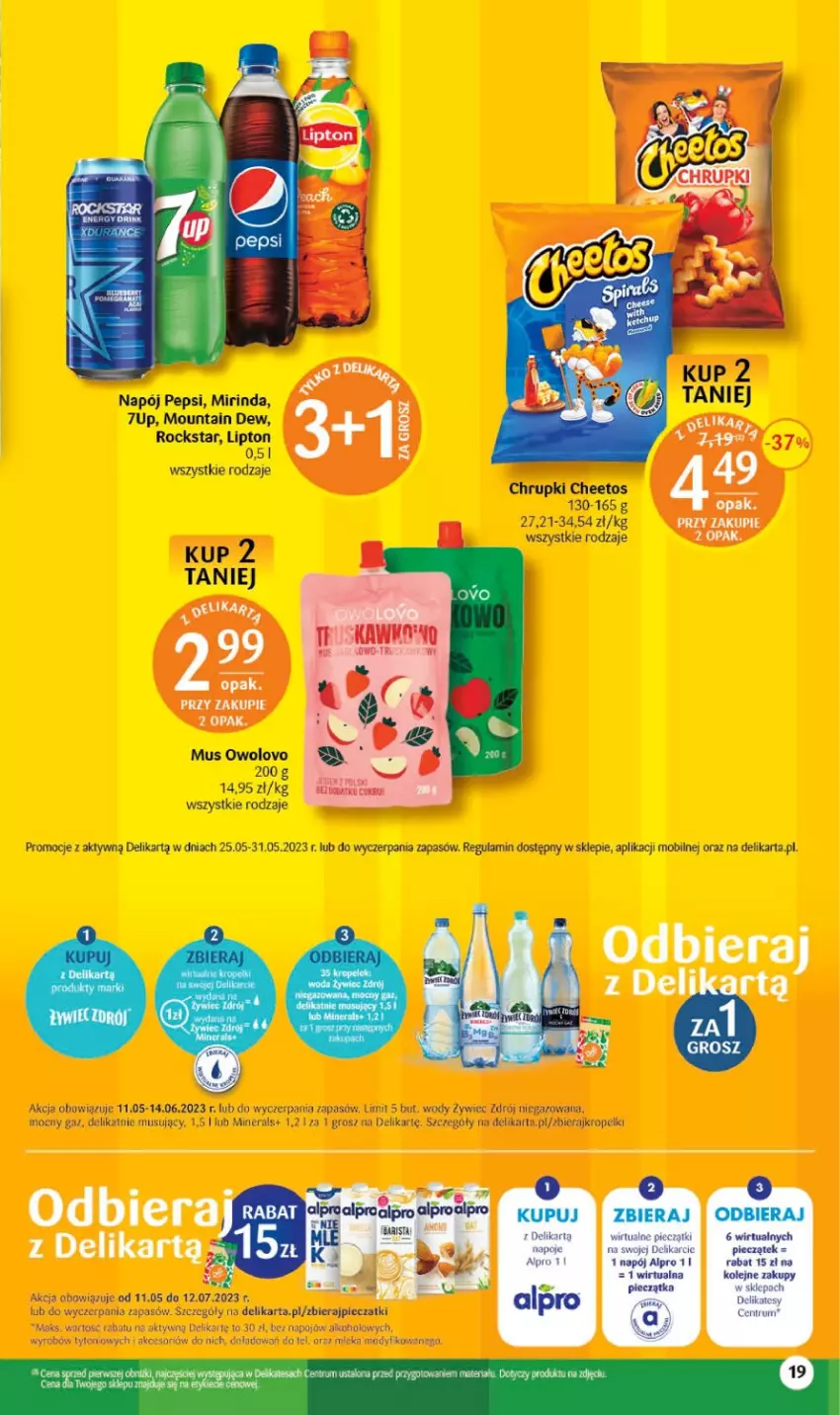 Gazetka promocyjna Delikatesy Centrum - Gazetka DC20 - ważna 25.05 do 31.05.2023 - strona 19 - produkty: 7up, Cheetos, Chrupki, Lipton, Mirinda, Mobil, Mus, Napój, Pepsi, Piec