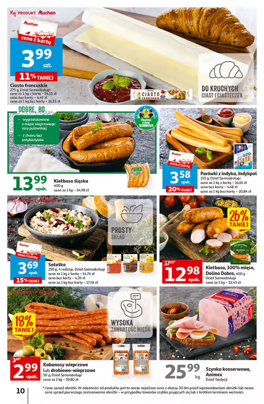 Gazetka promocyjna Auchan - Gazetka Sezon na urlop Hipermarket Auchan - ważna 22.06 do 28.06.2023 - strona 10 - produkty: Ciasto francuskie, Kabanos, Kiełbasa, O nas, Parówki, Parówki z indyka, Sałat, Sałatka, Ser, Sok, Szynka, Szynka konserwowa