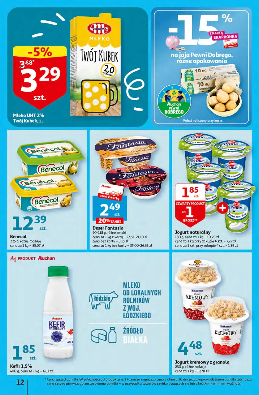 Gazetka promocyjna Auchan - Gazetka Sezon na urlop Hipermarket Auchan - ważna 22.06 do 28.06.2023 - strona 12 - produkty: Benecol, Deser, Fa, Fanta, Gra, Jogurt, Jogurt naturalny, Kefir, Kefir naturalny, Kubek, Mleko, O nas, Rolnik, Ser