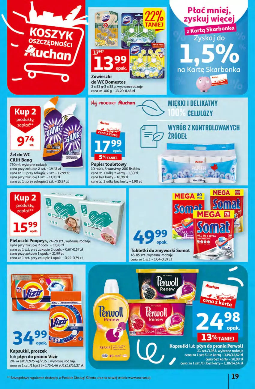 Gazetka promocyjna Auchan - Gazetka Sezon na urlop Hipermarket Auchan - ważna 22.06 do 28.06.2023 - strona 19 - produkty: Cillit Bang, Domestos, Papier, Papier toaletowy, Płyn do prania, Somat, Tablet, Tabletki do zmywarki, Vizir, Zawieszki, Zmywarki