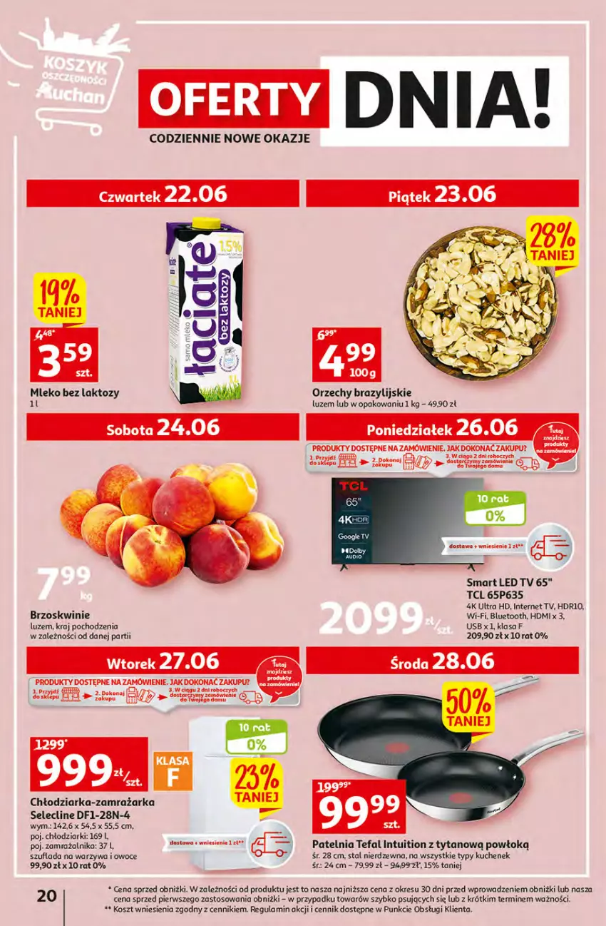 Gazetka promocyjna Auchan - Gazetka Sezon na urlop Hipermarket Auchan - ważna 22.06 do 28.06.2023 - strona 20 - produkty: Brzoskwinie, Chłodziarka, Clin, Fa, Kosz, LED TV, LG, O nas, Owoce, Patelnia, Tefal, Tytan, Warzywa, Warzywa i owoce, Zamrażarka