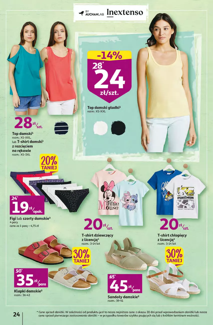 Gazetka promocyjna Auchan - Gazetka Sezon na urlop Hipermarket Auchan - ważna 22.06 do 28.06.2023 - strona 24 - produkty: Figi, Klapki, O nas, Sandał, Szorty, T-shirt, Top