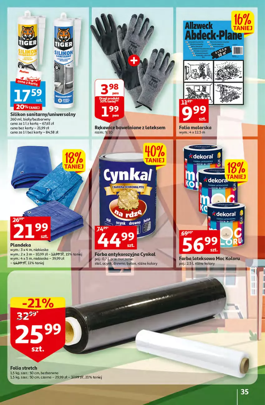 Gazetka promocyjna Auchan - Gazetka Sezon na urlop Hipermarket Auchan - ważna 22.06 do 28.06.2023 - strona 35 - produkty: Cynk, Fa, Farba lateksowa, Folia malarska, Rękawice, Silikon sanitarny