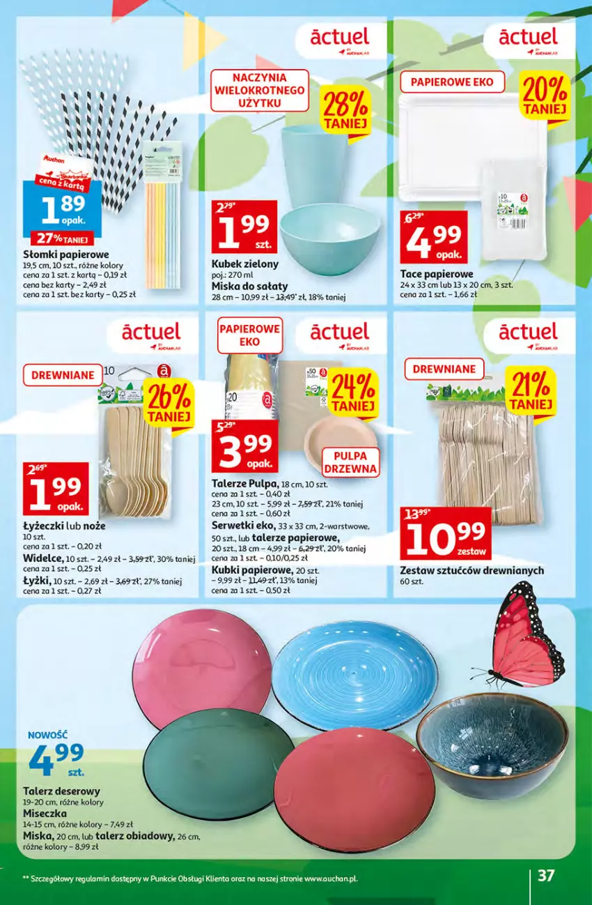 Gazetka promocyjna Auchan - Gazetka Sezon na urlop Hipermarket Auchan - ważna 22.06 do 28.06.2023 - strona 37 - produkty: Deser, Kubek, Miseczka, Miska, Noż, Papier, Sałat, Ser, Serwetki, Talerz, Talerz deserowy, Talerz obiadowy, Zestaw sztućców