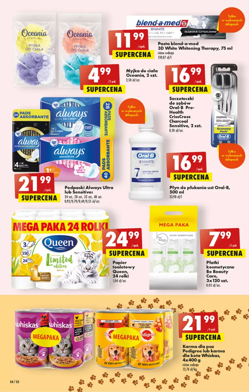 Gazetka promocyjna Biedronka - Od czwartku - ważna 27.07 do 02.08.2023 - strona 54 - produkty: Always, Always Ultra, Be Be, Blend-a-Med, Papier, Papier toaletowy, Pedigree, Płatki kosmetyczne, Płyn do płukania, Podpaski, Rolki, Ser, Whiskas