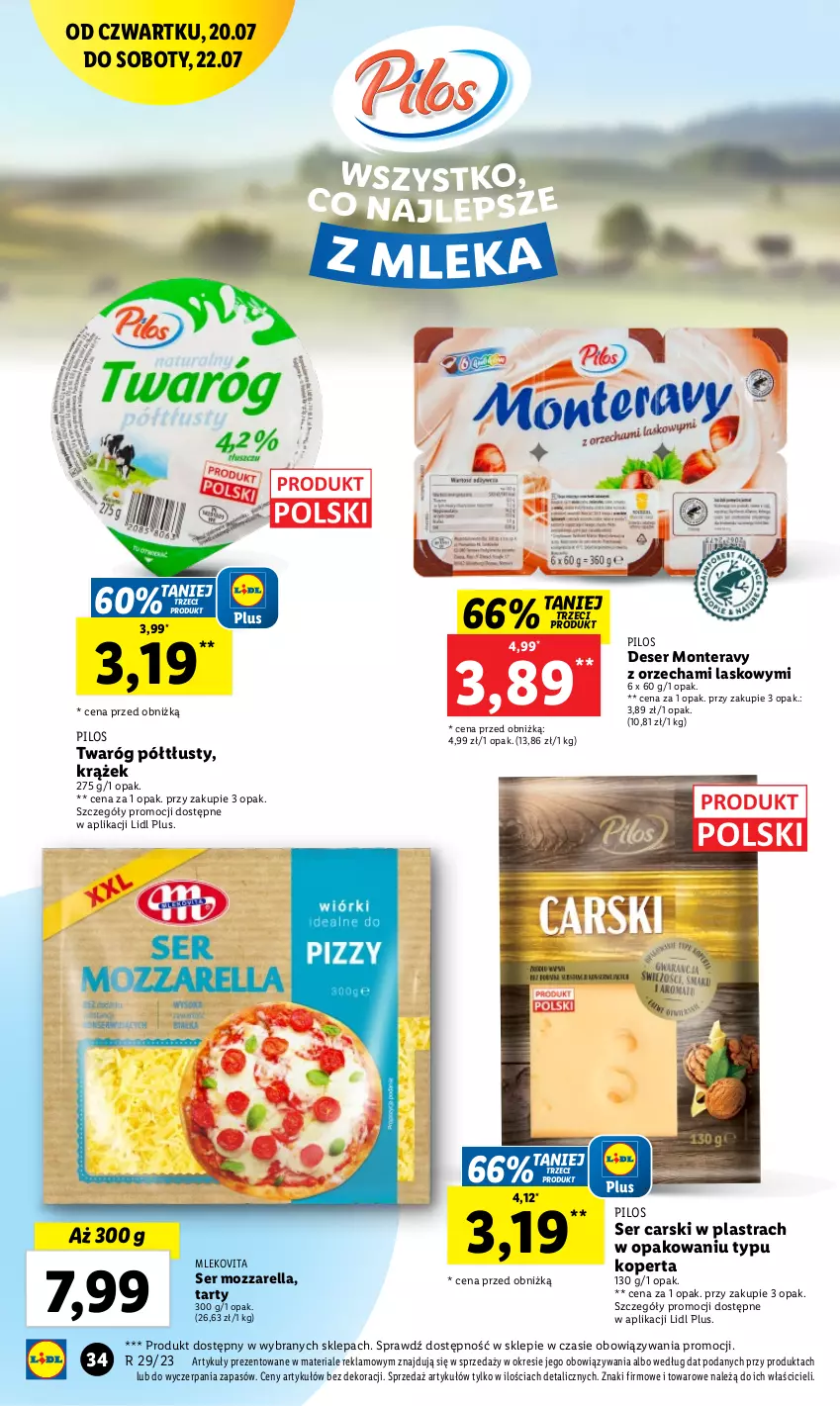 Gazetka promocyjna Lidl - GAZETKA - ważna 20.07 do 22.07.2023 - strona 74 - produkty: Cars, Deser, Mleko, Mlekovita, Monte, Mozzarella, Pilos, Ser, Tera, Twaróg, Twaróg półtłusty