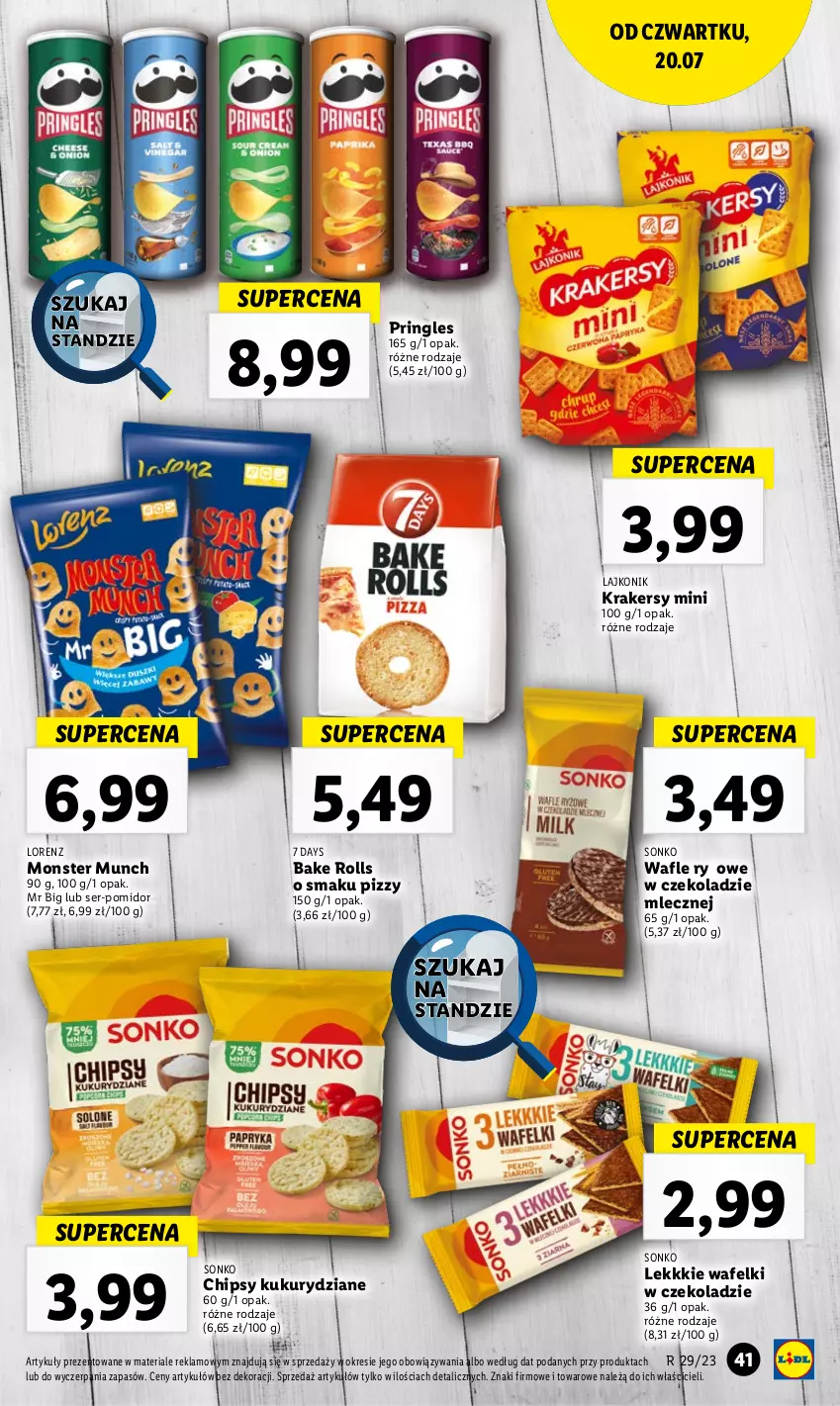 Gazetka promocyjna Lidl - GAZETKA - ważna 20.07 do 22.07.2023 - strona 83 - produkty: 7 Days, Bake Rolls, Chipsy, Krakersy, Lajkonik, Lorenz, Monster Munch, Pringles, Ser, Sonko, Wafle