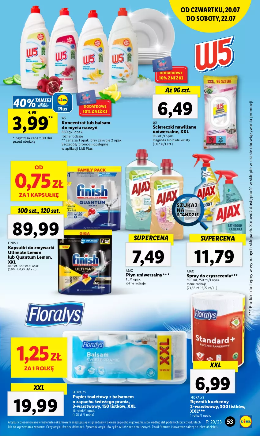 Gazetka promocyjna Lidl - GAZETKA - ważna 20.07 do 22.07.2023 - strona 95 - produkty: Ajax, Balsam do mycia naczyń, Do mycia naczyń, Finish, Flora, Papier, Papier toaletowy, Ręcznik, Ręcznik kuchenny, Spray do czyszczenia, Zmywarki