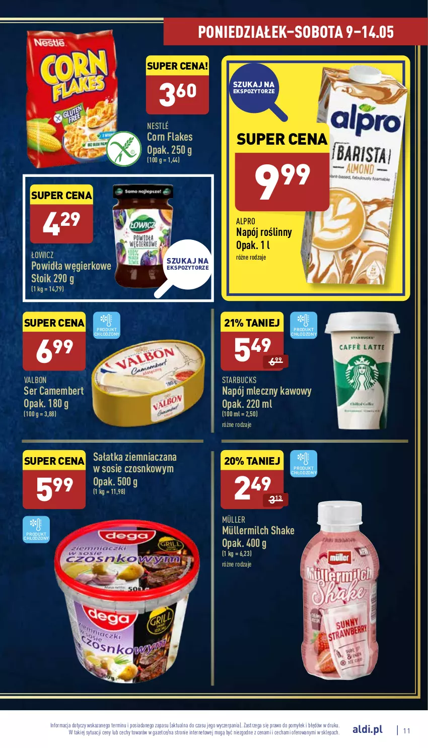 Gazetka promocyjna Aldi - Pełny katalog - ważna 09.05 do 14.05.2022 - strona 11 - produkty: Alpro, Camembert, Corn flakes, Müller, Müllermilch, Napój, Napój mleczny, Napój roślinny, Nestlé, Sałat, Sałatka, Ser, Sos