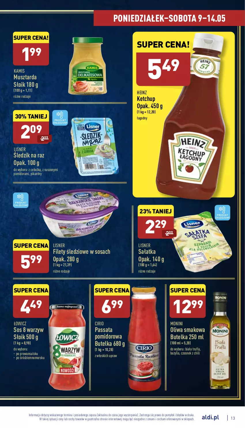 Gazetka promocyjna Aldi - Pełny katalog - ważna 09.05 do 14.05.2022 - strona 13 - produkty: Bazyl, Bazylia, Czosnek, Heinz, Kamis, Ketchup, Lisner, Monini, Mus, Musztarda, Sałat, Sałatka, Sos