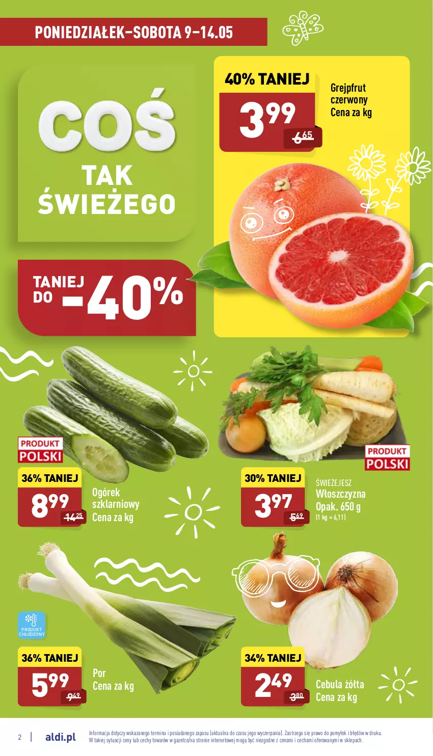 Gazetka promocyjna Aldi - Pełny katalog - ważna 09.05 do 14.05.2022 - strona 2 - produkty: Cebula, Grejpfrut, Ogórek, Por