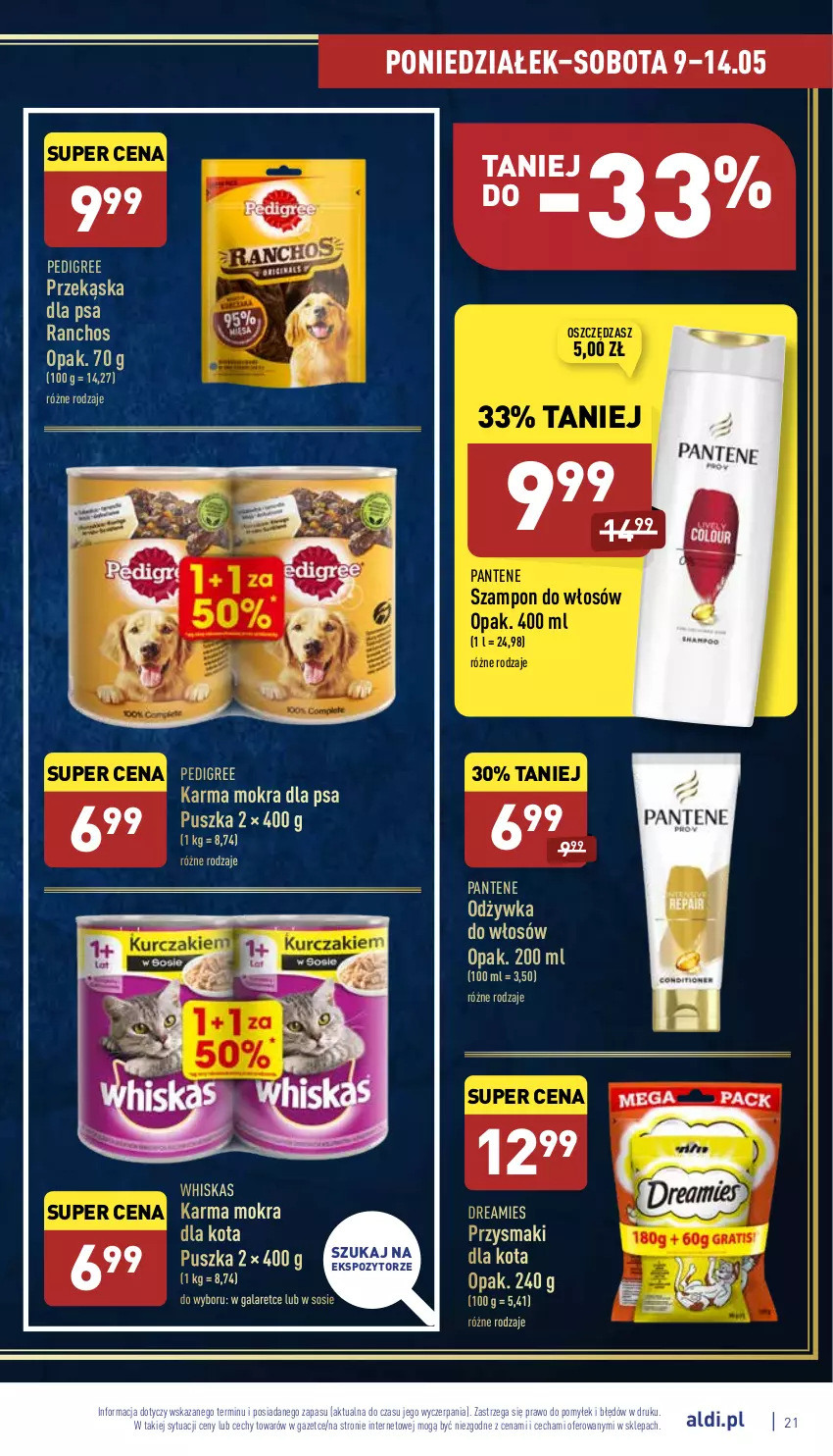 Gazetka promocyjna Aldi - Pełny katalog - ważna 09.05 do 14.05.2022 - strona 21 - produkty: Gala, Odżywka, Pantene, Pedigree, Przysmaki, Sos, Szampon, Whiskas