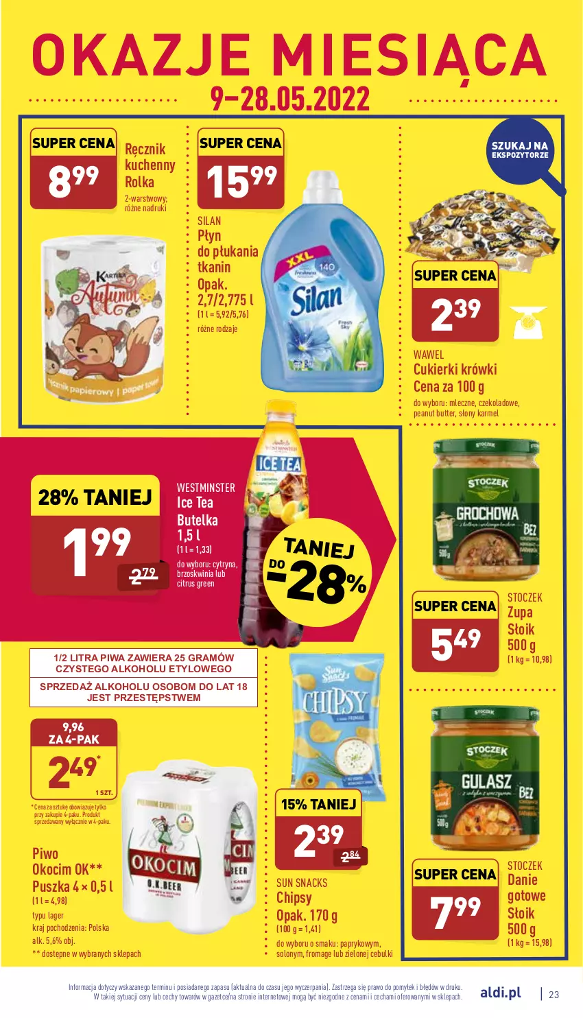 Gazetka promocyjna Aldi - Pełny katalog - ważna 09.05 do 14.05.2022 - strona 23 - produkty: Chipsy, Cukier, Cukierki, Gra, Ice tea, Koc, Okocim, Piwa, Piwo, Płyn do płukania, Ręcznik, Silan, Wawel, Zupa