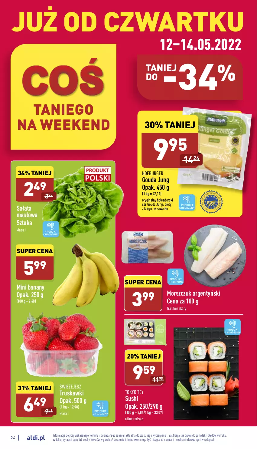 Gazetka promocyjna Aldi - Pełny katalog - ważna 09.05 do 14.05.2022 - strona 24 - produkty: Banany, Burger, Gin, Gouda, Hofburger, Kawa, Masło, Mini banany, Sałat, Sałata masłowa, Ser, Sushi, Truskawki