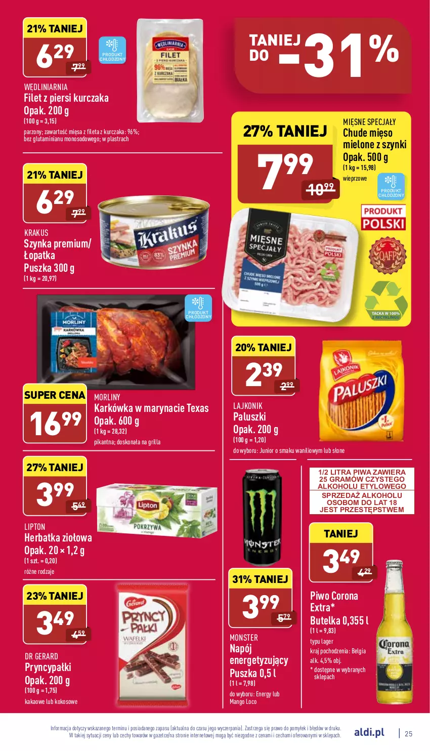 Gazetka promocyjna Aldi - Pełny katalog - ważna 09.05 do 14.05.2022 - strona 25 - produkty: Corona Extra, Dr Gerard, Filet z piersi kurczaka, Gra, Grill, Kakao, Kokos, Krakus, Kurczak, Lajkonik, LG, Lipton, Mango, Mięsne specjały, Mięso, Mięso mielone, Mięso mielone z szynki, Morliny, Napój, Piwa, Piwo, Szynka, Szynka premium