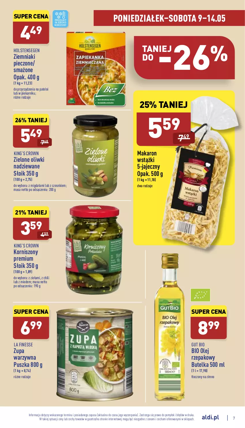 Gazetka promocyjna Aldi - Pełny katalog - ważna 09.05 do 14.05.2022 - strona 7 - produkty: King’s Crown, Korniszony, Makaron, Olej, Olej rzepakowy, Oliwki, Piec, Piekarnik, Ziemniaki, Zupa