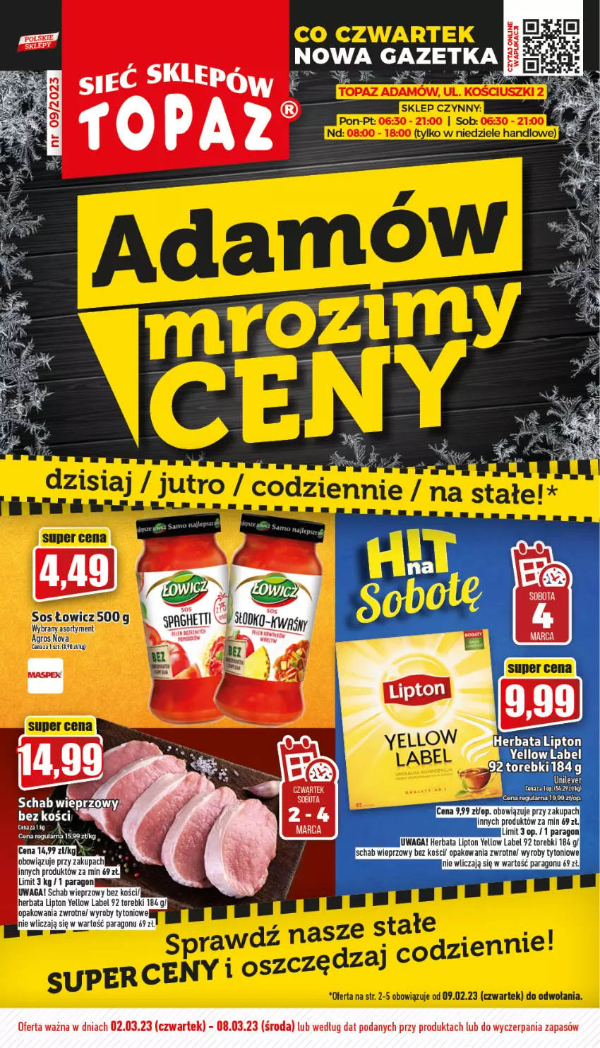 Gazetka promocyjna Topaz - Gazetka - ważna 02.03 do 08.03.2023 - strona 1 - produkty: Herbata, Kiwi, Lipton, Schab wieprzowy, Waga