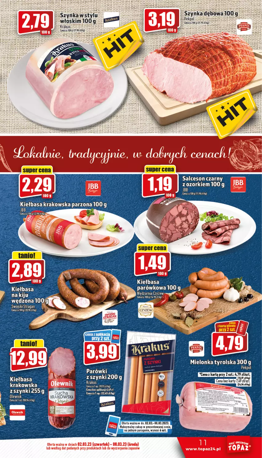 Gazetka promocyjna Topaz - Gazetka - ważna 02.03 do 08.03.2023 - strona 11 - produkty: Kiełbasa, Kiełbasa krakowska, Krakus, Leon, Mielonka tyrolska, Parówki, Salceson