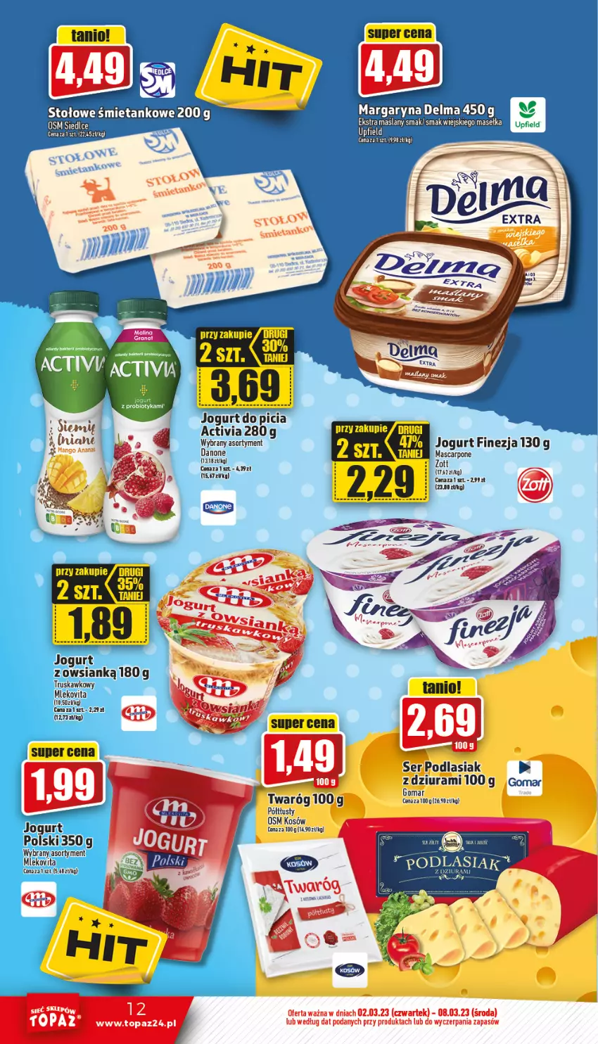 Gazetka promocyjna Topaz - Gazetka - ważna 02.03 do 08.03.2023 - strona 12 - produkty: Activia, Danone, Jogurt, Mleko, Mlekovita, Ser, Top