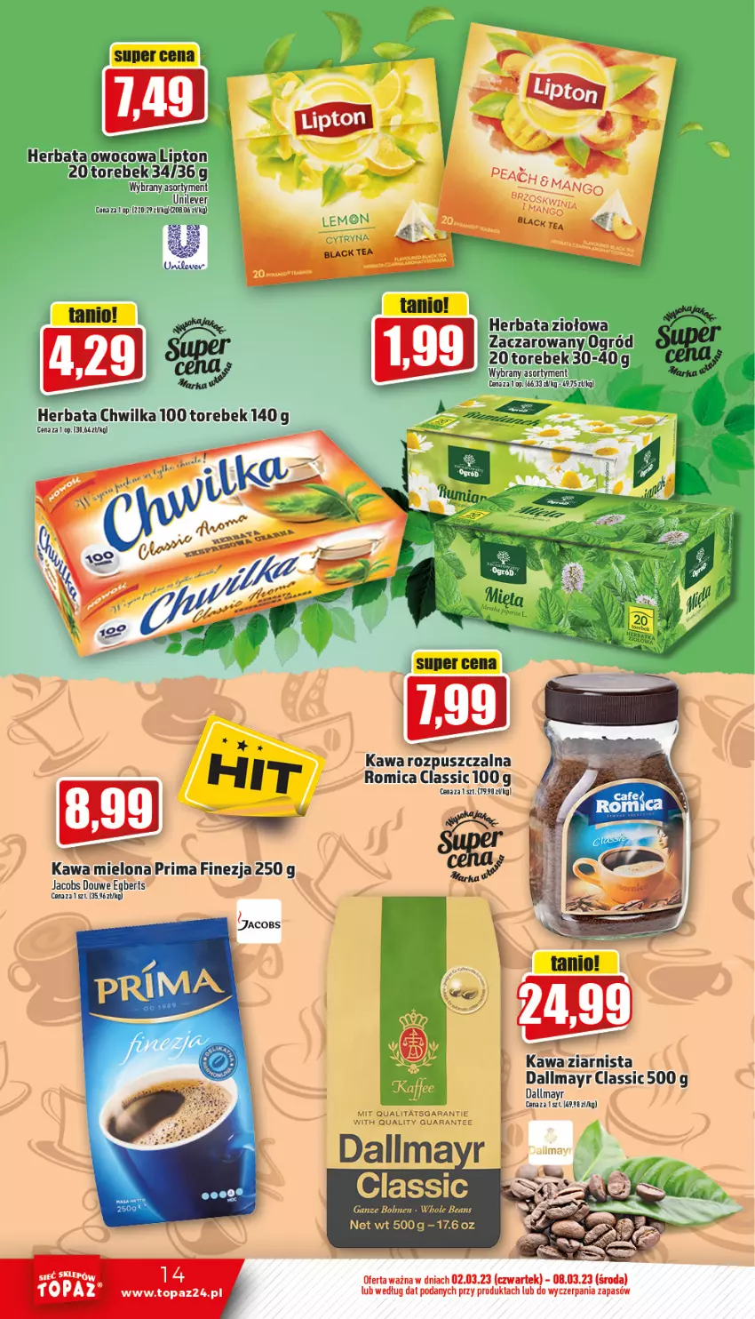 Gazetka promocyjna Topaz - Gazetka - ważna 02.03 do 08.03.2023 - strona 14 - produkty: Dallmayr, Herbata, Herbata owocowa, Jacobs, Kawa, Kawa mielona, Kawa rozpuszczalna, Lipton, Ogród, Prima, Top